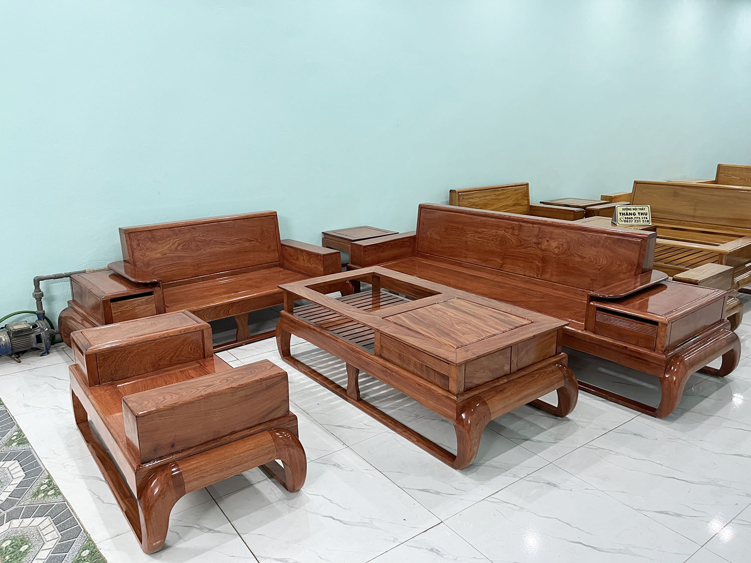 Bàn ghế gỗ phòng khách bộ sofa gỗ đùi gà 2 văng gỗ hương đá